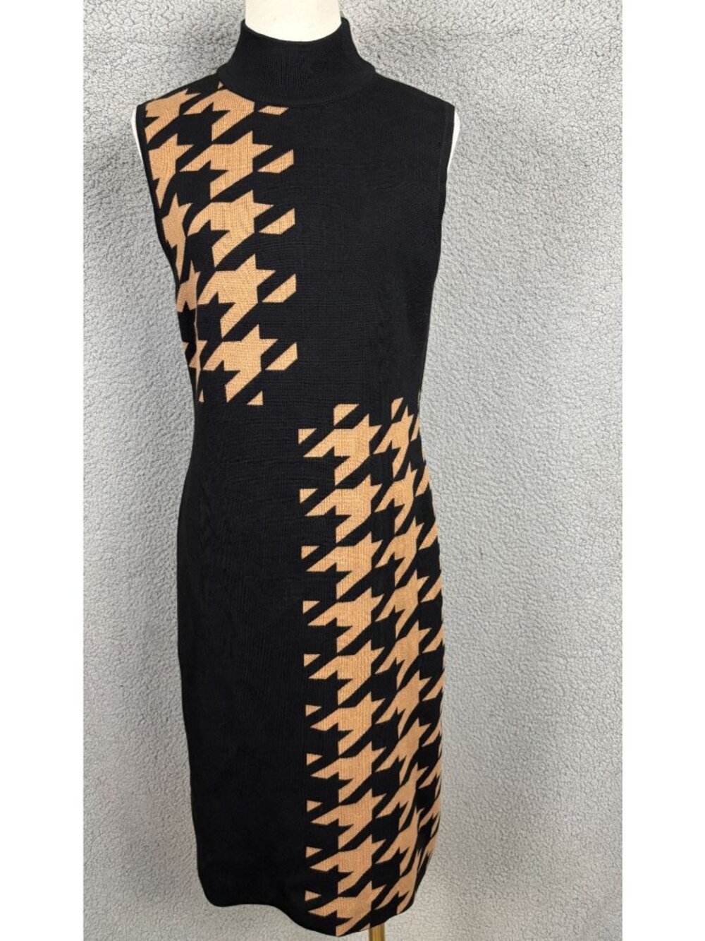 Anne Klein Women's Houndstooth Knit Sweater Dress Black & Vicuna Size Small NWTs
